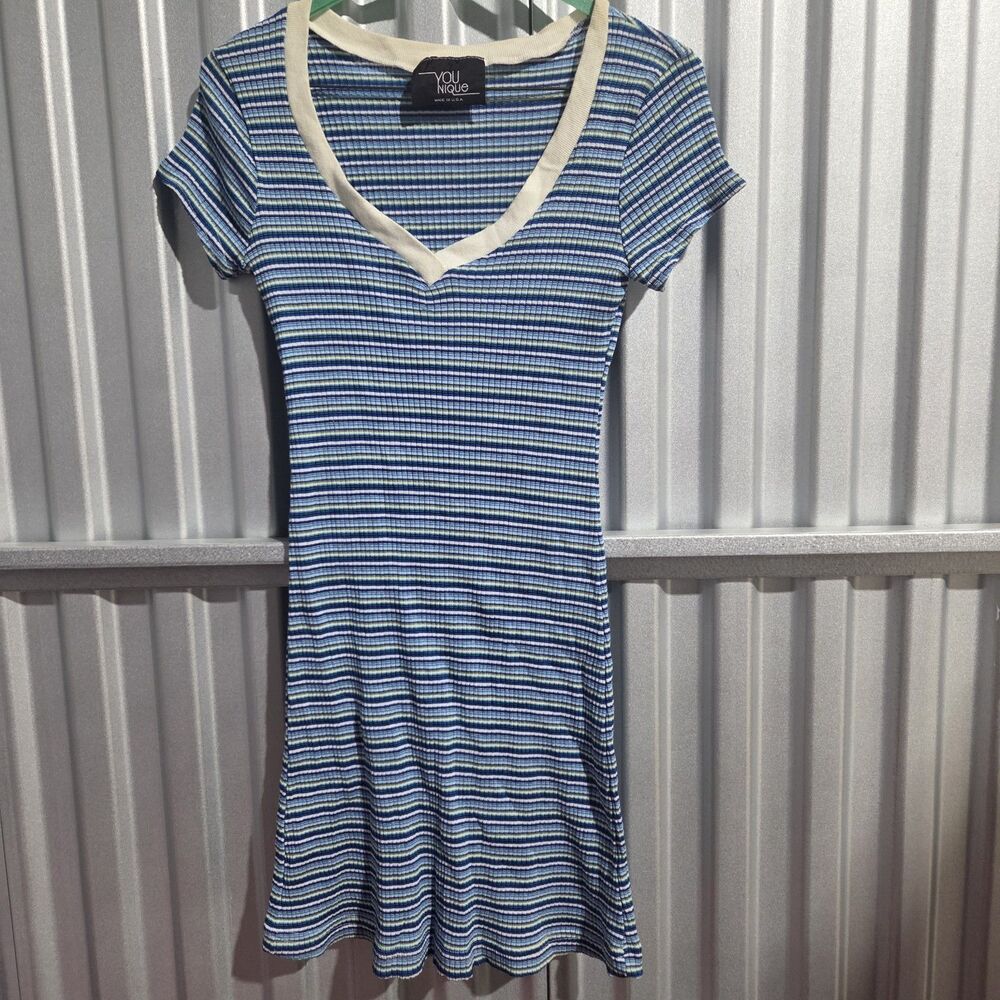 You Nique Blue Striped Ribbed Knit V-Neck Mini Dress S-M - 90s Y2K Short Sleeve